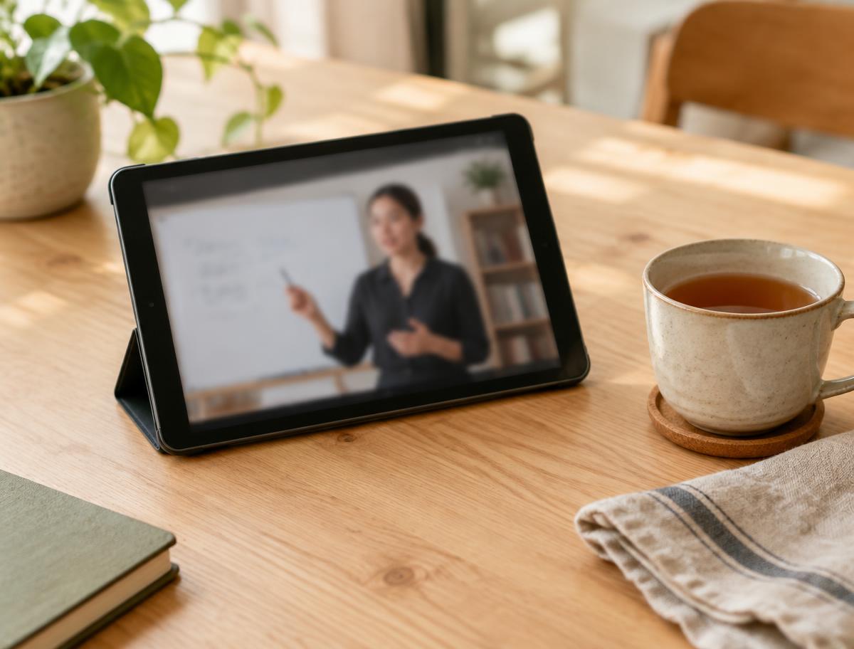 Tabletă cu o lecție video lângă o ceașcă de ceai