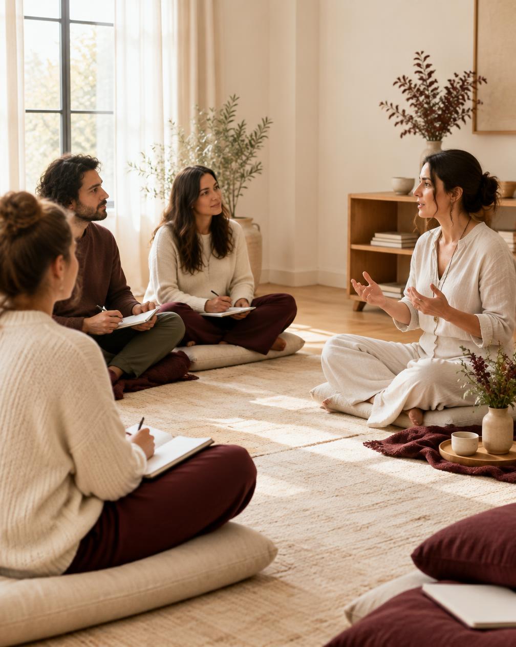 Grup mic de cursanți pe perne ascultând o instructoare