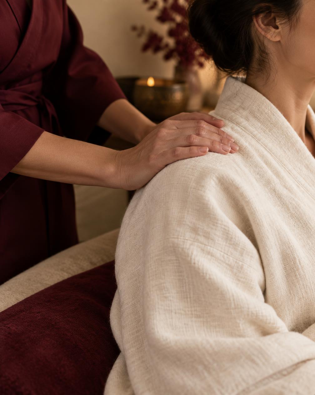 Mâna practicianului pe umărul unui client îmbrăcat în halat de in